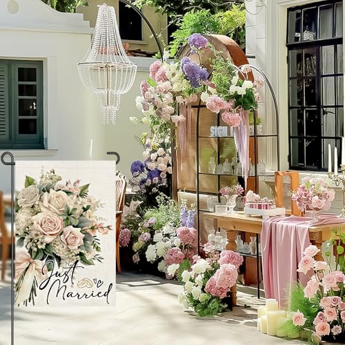 Drapeau de jardin Just Married double face pour décoration extérieure de cour
