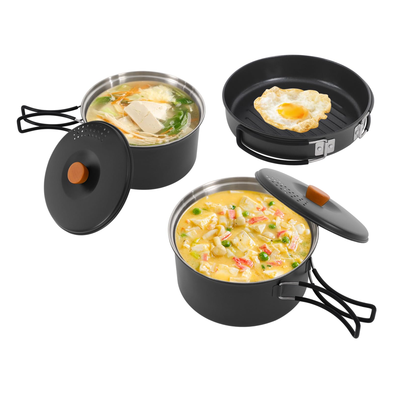 Portable Camping Cookware Set, 304 Stainless Steel Outdoor Camping Cooking Pots and Pans with Storage Bag, Outdoors Campfire Cook Cookware Equipment for Outdoor Camping Hiking Picnic for 2-3 (Black)