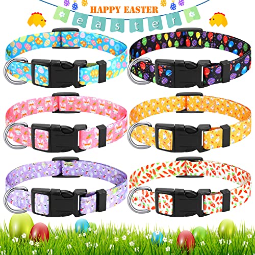 6 Pcs Easter Dog Collar Adjustable Dog Collar Printed Colorful Egg Carrot Bunny Collar Easter Basic Dog Collars Spring Holiday Dog Collar with Plastic Buckle for Male Female Puppy Dogs Pets (Medium)