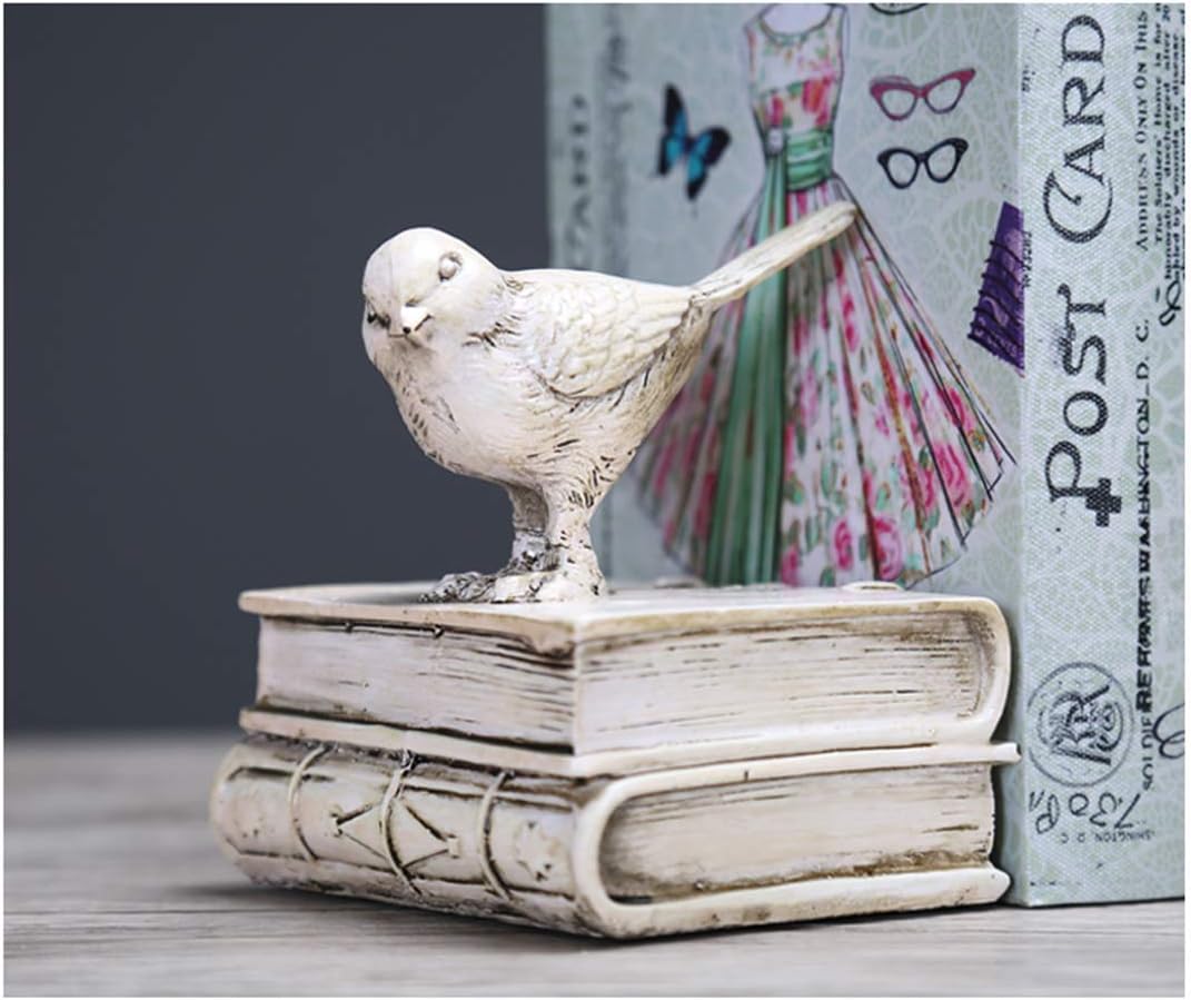 Home Decorative White Birds & Books Vintage Design Resin Bookshelf Bookends,Paper Weights, Book Ends,Bookend Supports, Book Stoppers, Set of 2