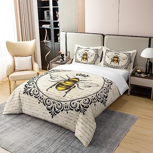 100% Cotton Sweet Honey Bee Bed Sets Cute Kawaii Animal Duvet Cover Retro Vintage Style Bedding Set Double 70S 80S Grunge Comforter Cover Old Newspaper Print Quilt Cover Breathable (No Comforter) - Image 2