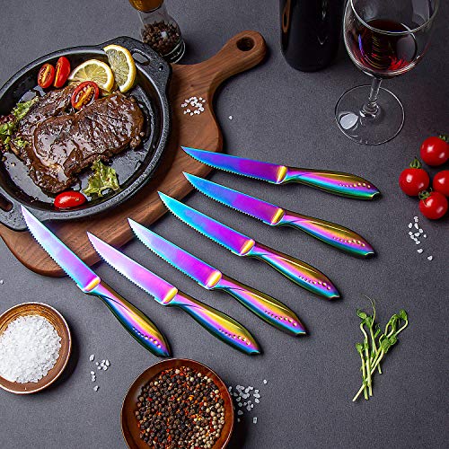 WELLSTAR-Rainbow-Serrated-Steak-Knife-Set-of-6-Razor-Sharp-German-Steel-Blade-475-inch-and-Comfortable-Stainless-Steel-Hollow-Handle-with-Titanium-Coated-Dinner-Table-Knives-Set-for-Home-Restaurant WELLSTAR Rainbow Serrated Steak Knife Set of 6 Razor Sharp German Steel Blade 475 inch and Comfortable Stainless Steel Hollow Handle with Titanium Coated Dinner Table Knives Set for Home Restaurant