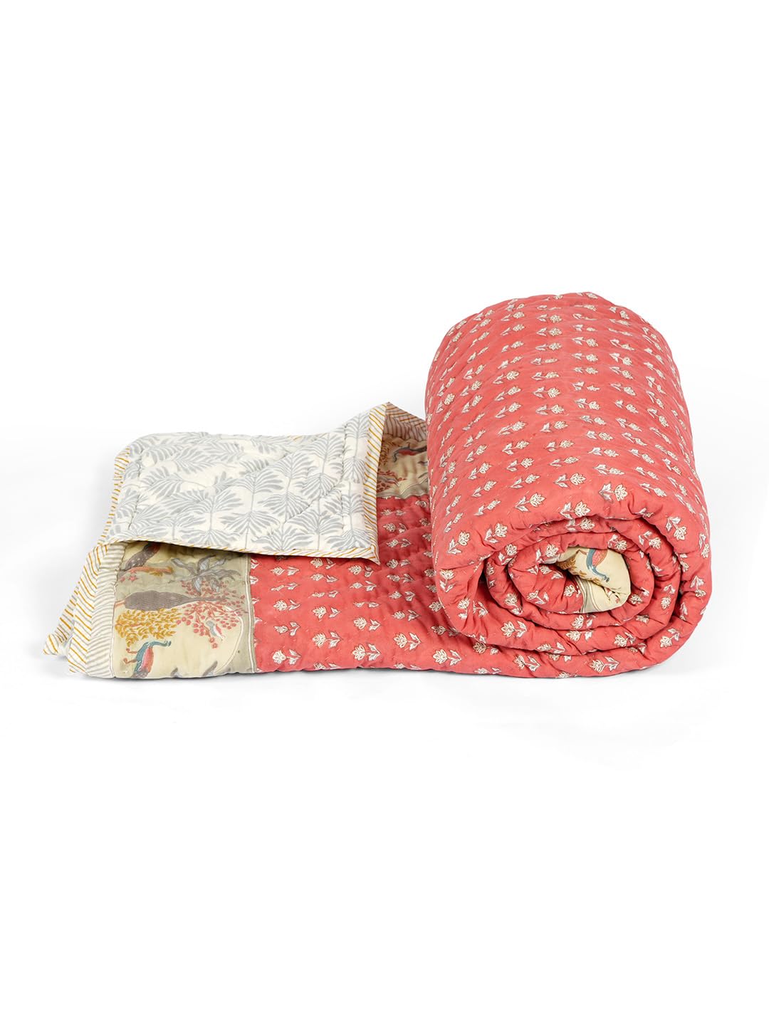Mayur Hand Block Print Cotton Double Bed Quilt (90x108 Inches) | Jaipuri Razai for AC Room | 100% Cotton Duvet | 400 GSM Lightweight Comforter for Mild Winter | Soft Reversible Dohar Blanket-image-19