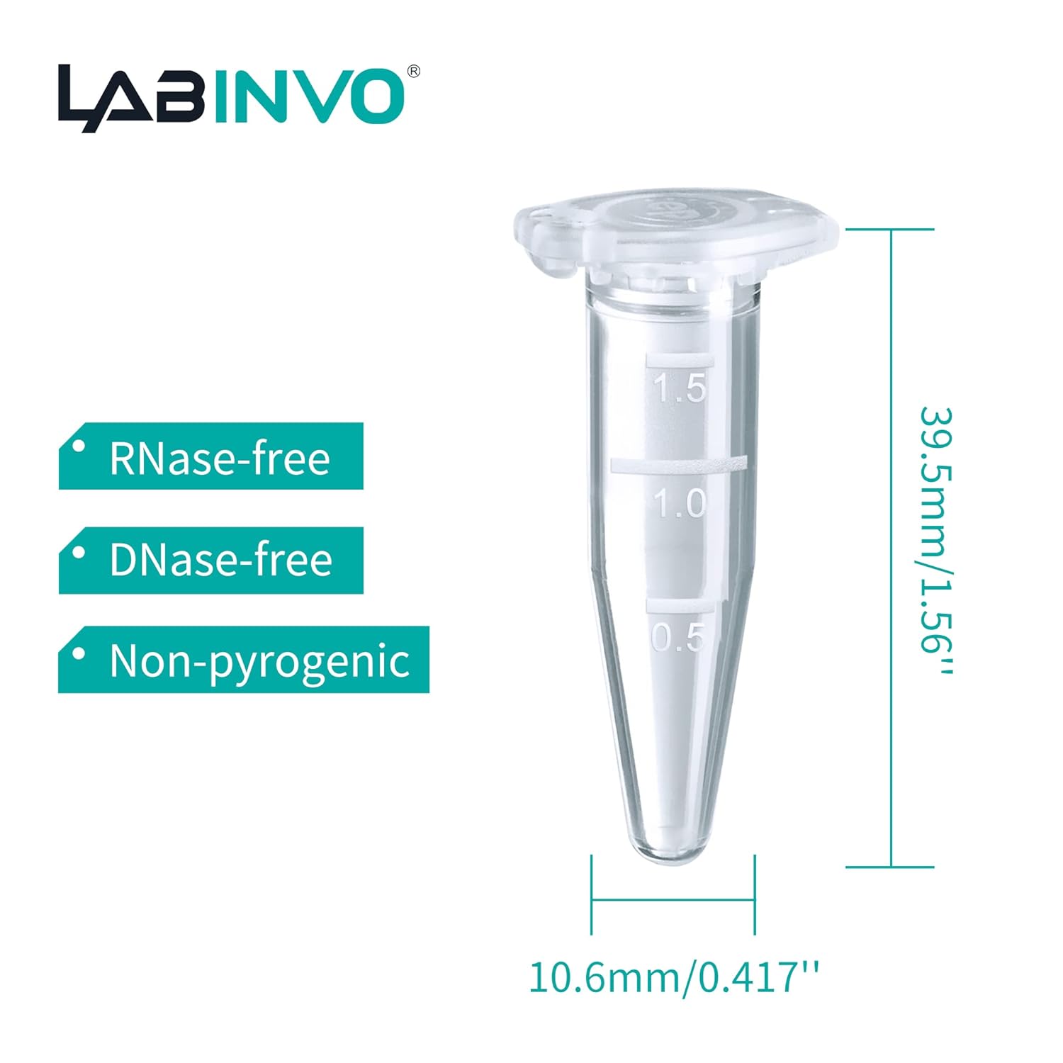 1.5ml Sterile Microcentrifuge Tubes with Safe-Lock Cap, Pack of 500, Max.RCF15000×G Conical Bottom Centrifuge Tubes, PP Material, Molded Graduation 10.6x39.5mm, IN-MT15A