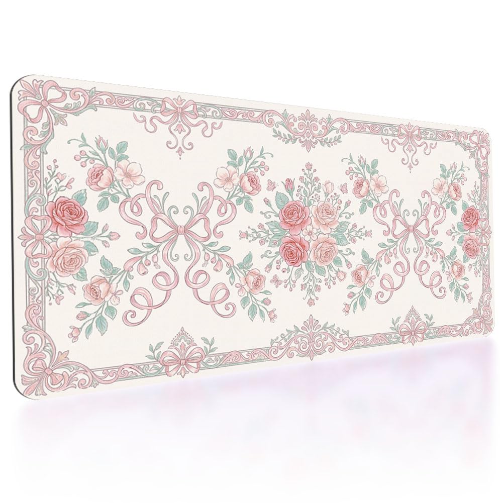 TNKBREEZE Large Mouse Pad Pink Flower Bow Extended Gaming Mousepad for Office Home Big Desk Mat with 3mm Thick Non-Slip Rubber Base Keyboard Mats for Girls Gaming Laptop PC Desktop Decor 15.7x31.5inch