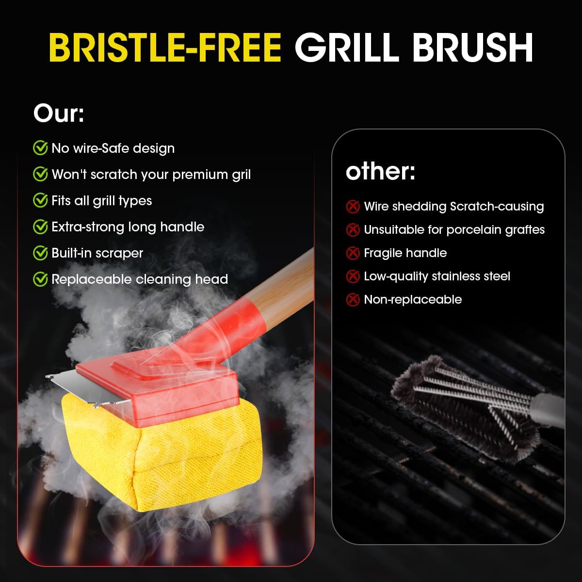 Grill Brush for Outdoor Grill, Grill Brush and Scraper Grill 16" Wooden Handle - No Scratch BBQ Cleaning Accessories for Outdoor Grills, Grill Cleaning Brush Ideal Gift for Men/Dad