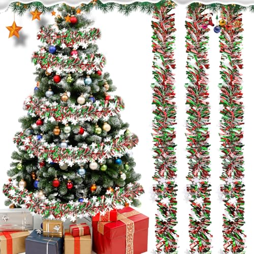 DERAYEE Guirlande de Noël de 10 m - Couronne de sapin - Couronne de porte pour décoration intérieure et extérieure (rouge, vert et blanc)