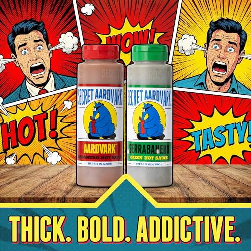 Image of Secret Aardvark Habanero and Serrabanero Hot Sauce, 2-Pack Bundle 8 fl oz | Red and Green Combo, Non-GMO, No HFCS, Vegan, Low Carb, Caribbean Tex-Mex Flavor, Non-GMO, For Tacos and Everyday Cooking