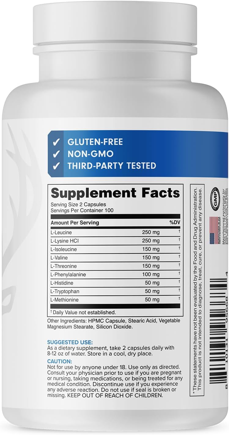 Bucked Up EAA Capsules - Essential Amino Acids Supplement | 1200mg Per Serving | On the Go | Gluten-Free, Non-GMO, Third-Party Tested | 100 Servings (200 Capsules) image 2