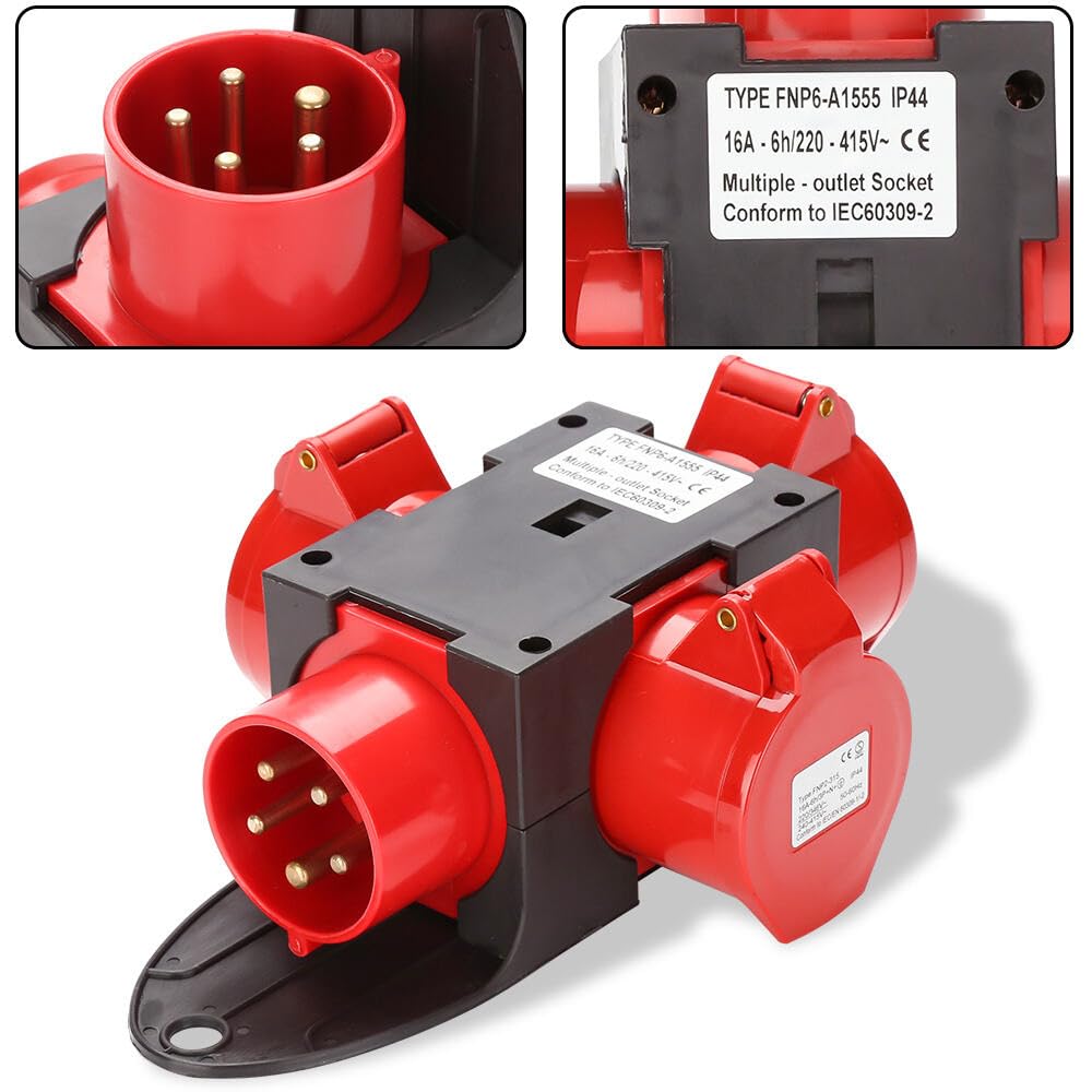 Wtyczka CEE, adapter rozdzielacz prądu 3 x CEE 400 V/16 A, 5-biegunowy, gniazdo CEE IP44, zabezpieczenie przed wodą rozbryzgową, z pokrywą zabezpieczającą, gniazdo Cee na plac budowy