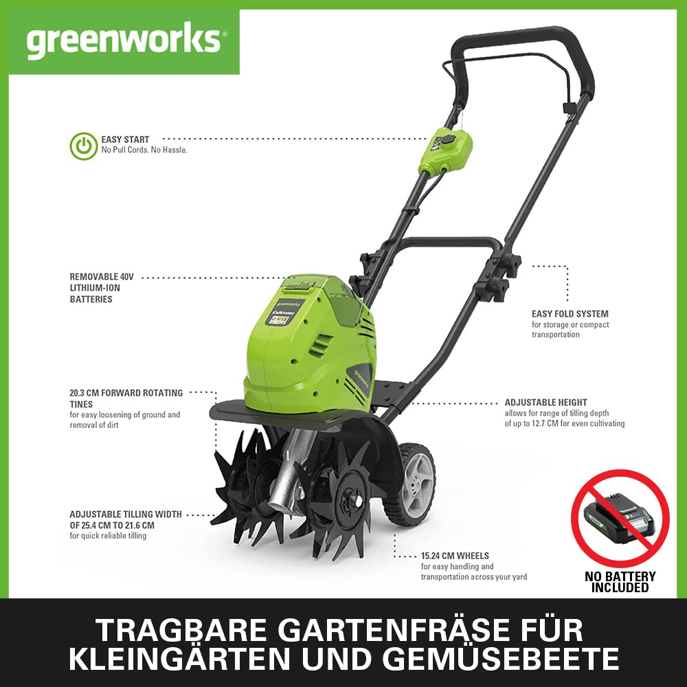 Greenworks G40TL Akku Gartenfräse, Rasenfräse mit Frontzinken, 25 cm Arbeitsbreite, 13 cm Frästiefe OHNE 40V Akku und Ladegerät, 3 Jahre Garantie