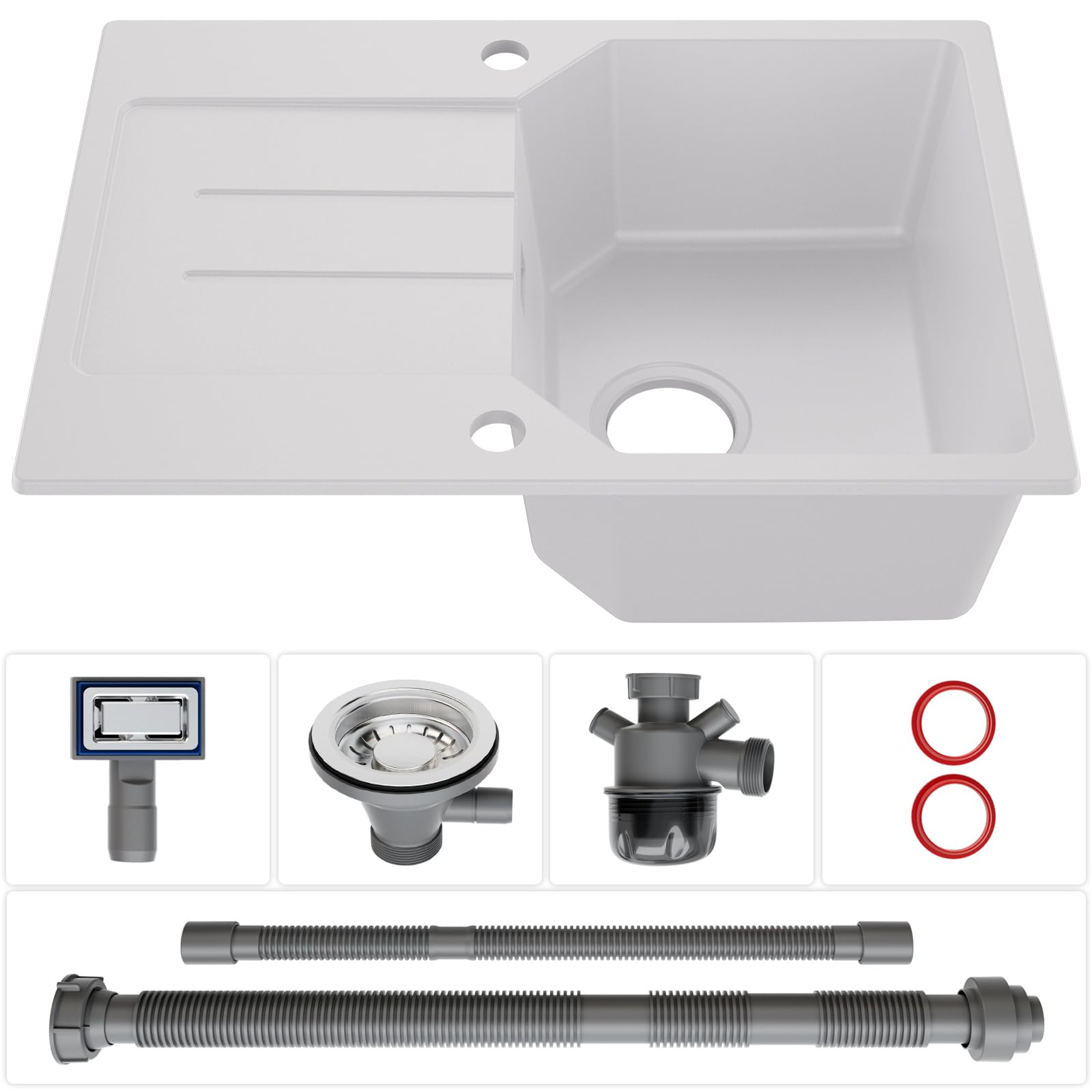 ANYCEE 65 x 45 cm Lavello Cucina con Gocciolatoio, Lavandino Granito Bianco | Lavello Bianco in Granito, Lavandino con 80% Sabbia di Quarzo, per Mobile di Base di Oltre 40cm, Troppopieno e Sifonee
