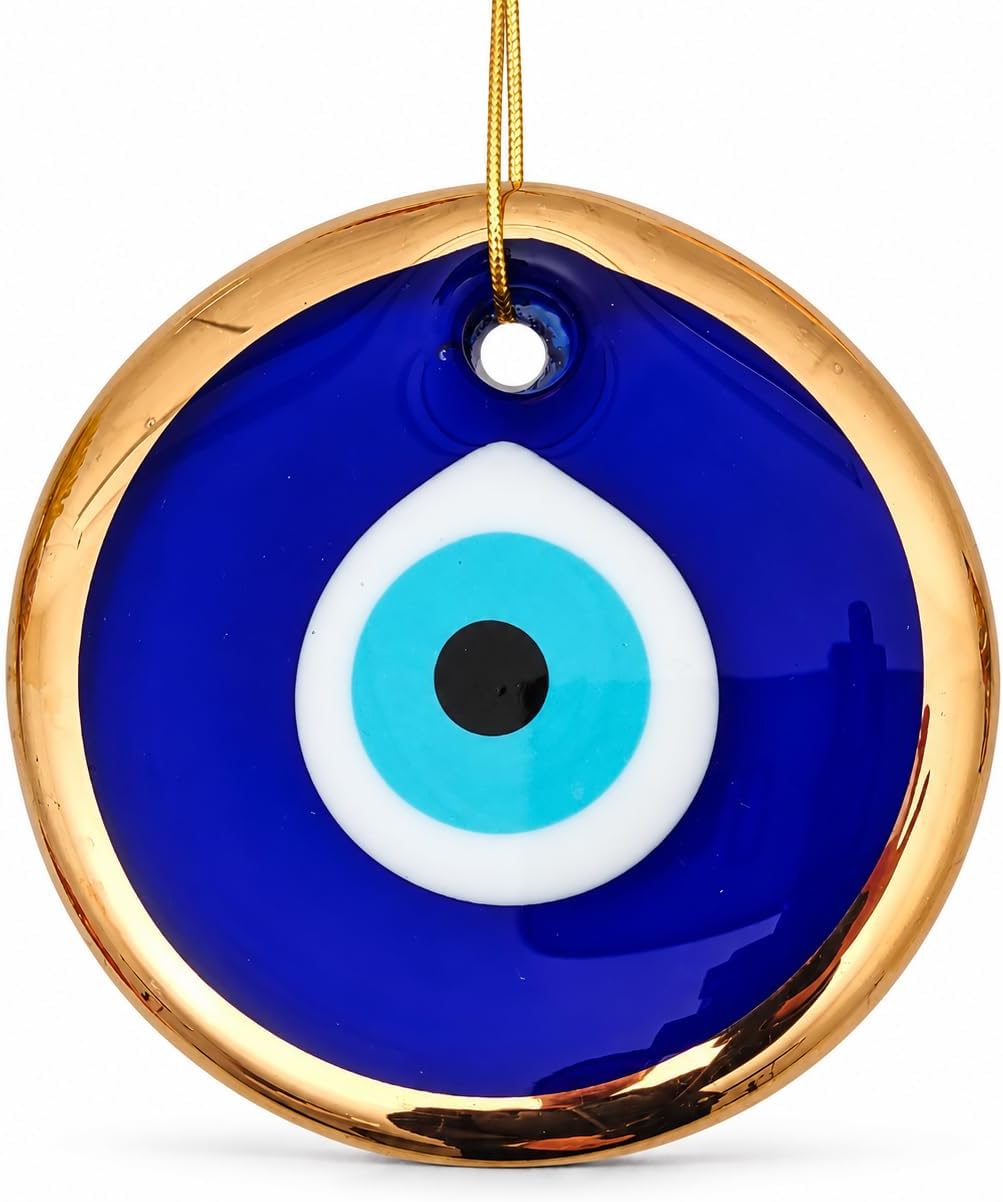 3.5" Glass Blue Evil Eye Wall Hanging Gold Ornament - Turkish Nazar Bead - Home Protection Charm - Gold Wall Decor Amulet in a Box (Medium)