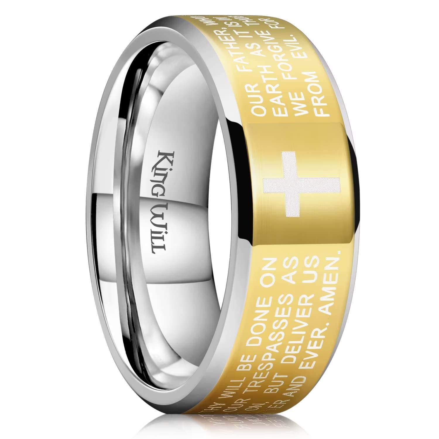 King Will Stainless Steel Men Ring Lord's Prayer Cross Ring Stainless Steel Men Wedding Ring, Wedding Band Bible Engraved Rings High Polished, Comfort Fit