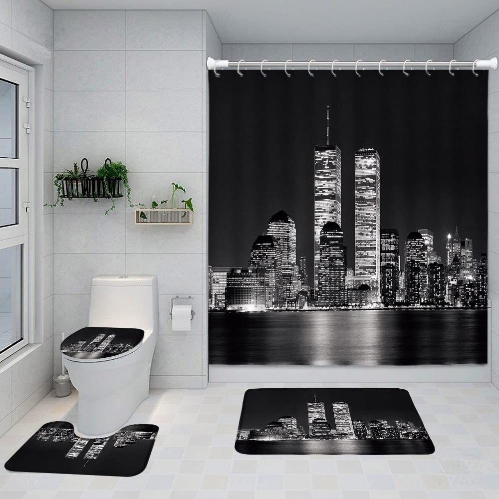 FEIERMAN 4 Piece New York Shower Curtain Sets with Non-Slip Rug,Toilet Lid Cover,Bath Mat and 12 Hooks,Black Grey Modern Night City Shower Curtain Modern Bath Curtains