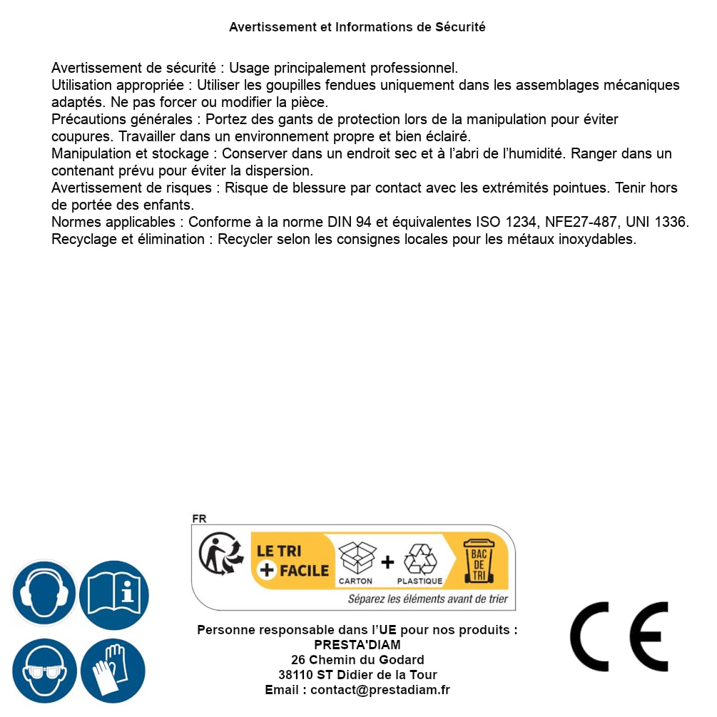 25 pasadores ranurados 10 x 100 mm - DIN 94 - ISO 1234 - NFE27-487 - UNI 1336 - Inox A4 - D-Work