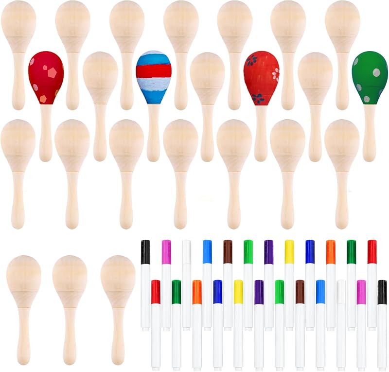 24/36Pcs Wooden Maracas for Kids, DIY Set with 24Pcs Color Pens, Maracas Musical Instruments for Cinco De Mayo Mexican Fiesta Birthday Party Favors Supplies (24)