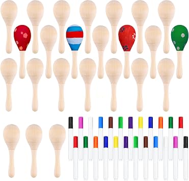CHRORINE 24/36Pcs Wooden Maracas for Kids, DIY Set with 24Pcs Color Pens, Maracas Musical Instruments for Cinco De Mayo Mexican Fiesta Birthday Party Favors Supplies 24