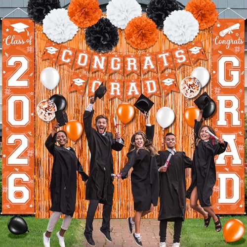 Image of Graduation Party Decorations Class of 2026, Graduation Decorations with Congrats Grad Banner Fringe Foil Curtain Paper Flower Ball Balloons for High School College Graduation Party Supplies, Orange