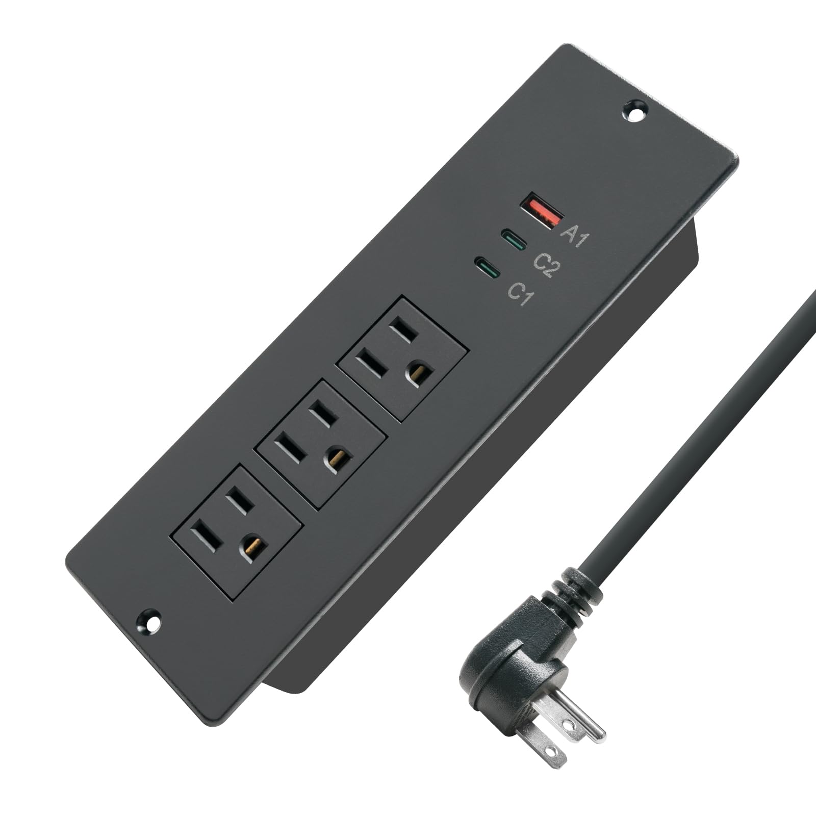 45W Recessed Power Strip USB C, Flush Mount Desk Extender 3 AC Outlets 2 PD USB-C&1 Fast Charge USB-A Ports,Flat Plug Extension Cord for Drawer Cabinet Countertop Table Conference Black