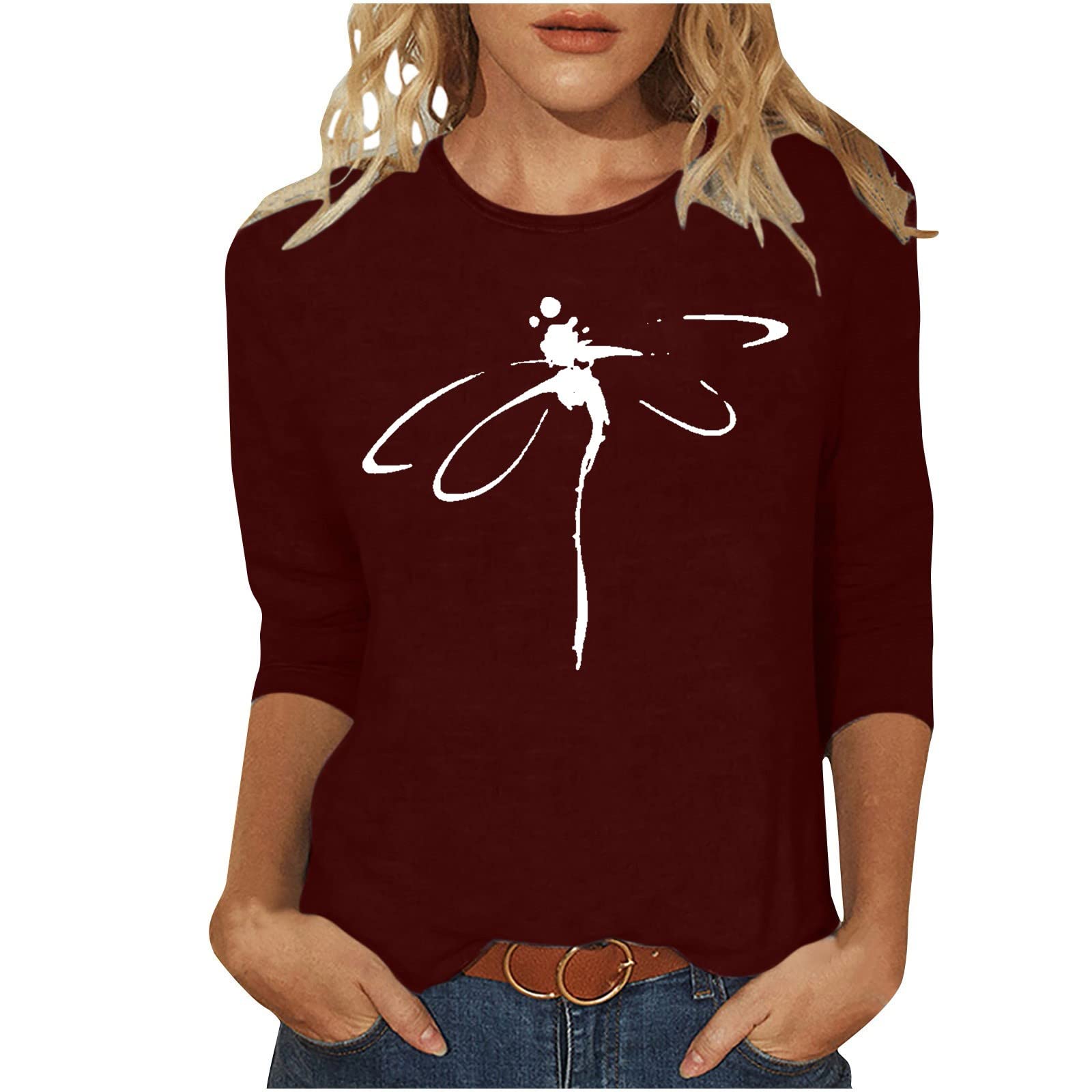 AEGJEGVDWomens Tops Casual Dressy Shirts Dragonfly Printed Round Neck 3/4 Sleeve Summer Vacation T Shirts Plus Size Blouses Shirt Cute Tees Trendy Blouses Tshirt Ladies Henley T-Shirt UK Clearance