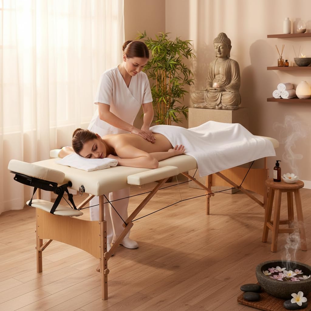 Melko Mobile Massageliege Holz Massagetisch Massagebank klappbar höhenverstellbar 3 Zonen Therapieliege Beige