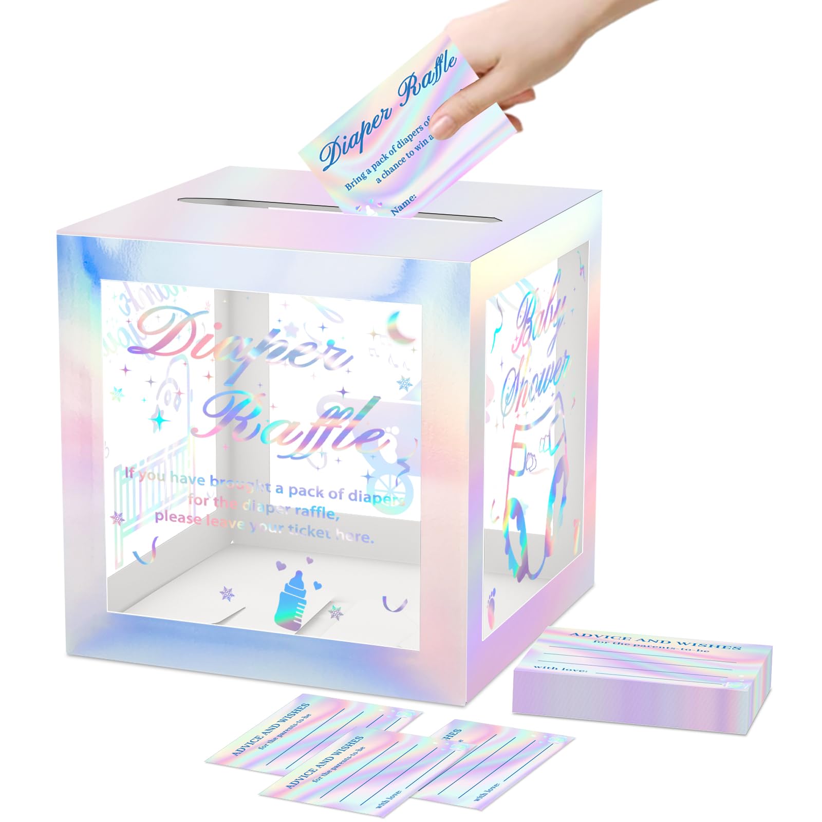 Rainbow Diaper Raffle Tickets Card Box for Baby Shower, 50 Pcs Diaper Raffle Tickets with Advice and Wishes, for Gender Reveal Baby Shower Games,