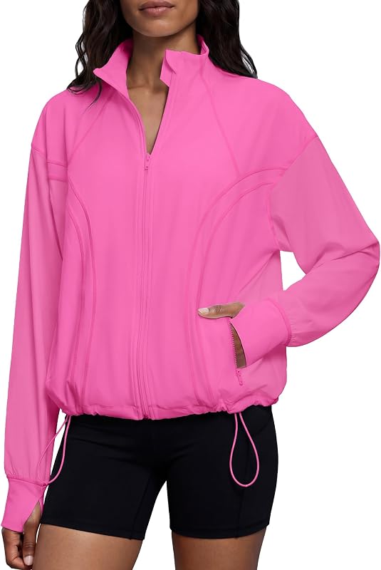 Locachy Women's Oversized Cropped Running Workout Jacket Casual Athletic Jacket Hiking Cycling Active Tops with Thumbholes