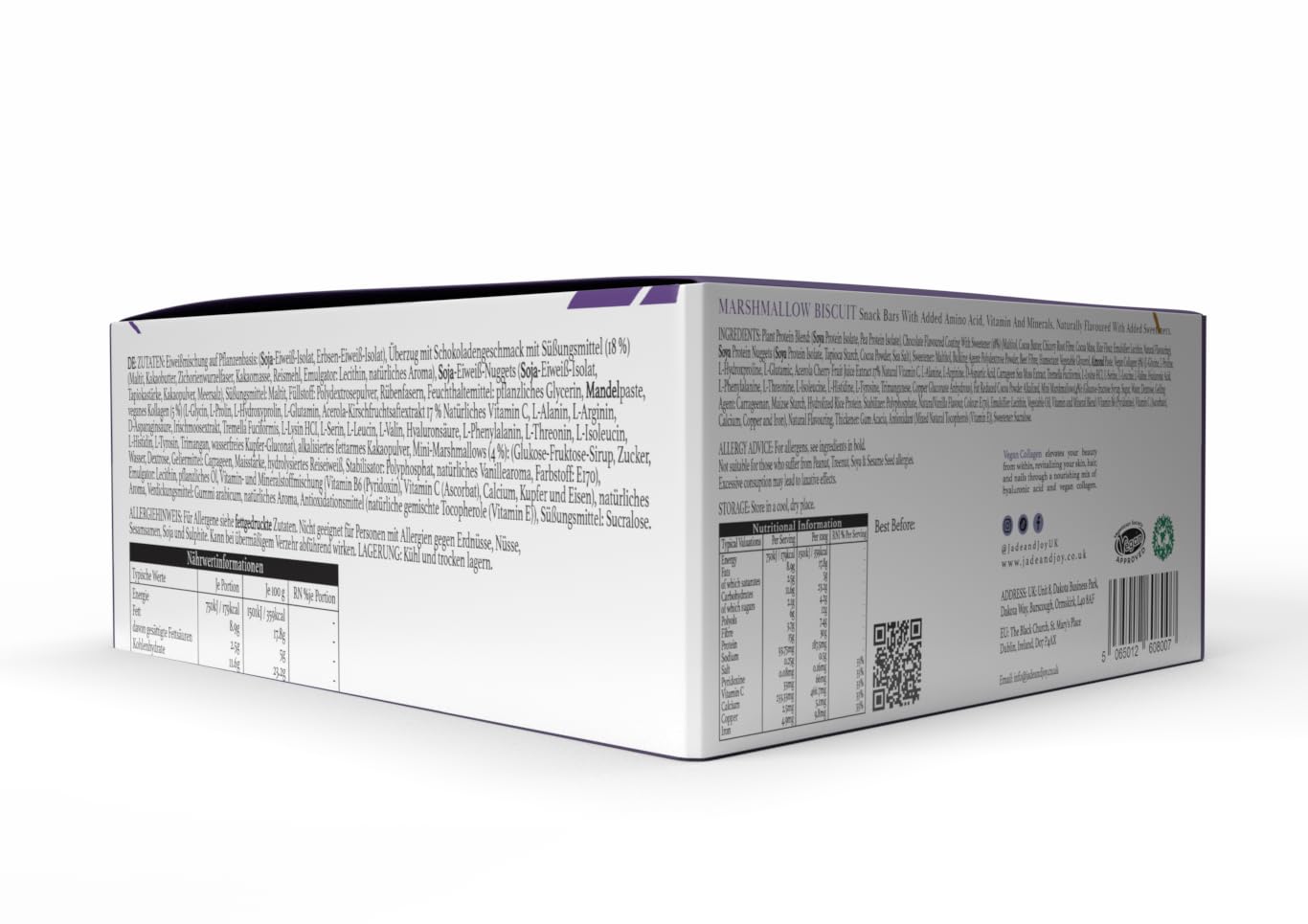 Jade & Joy Collagen Protein Riegel, Marshmallow Biscuit, 2,5g pflanzliches Kollagen, 15g Protein, wenig Zucker, Aminosäuren, glutenfrei, milchfrei, 12x50g