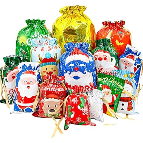 BQTQ 50 Pcs Christmas Drawstring Gift Bags, 12 Different Design and 10 Size Christmas Wrapping Bags for Christmas Party Home Decoration Cover