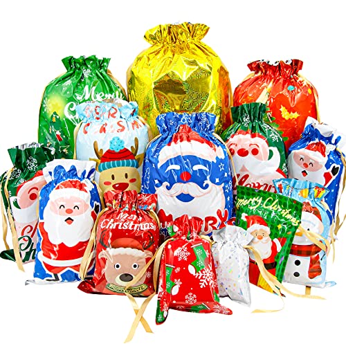 BQTQ 50 Pcs Christmas Drawstring Gift Bags, 12 Different Design and 10 Size Christmas Wrapping Bags for Christmas Party Home Decoration