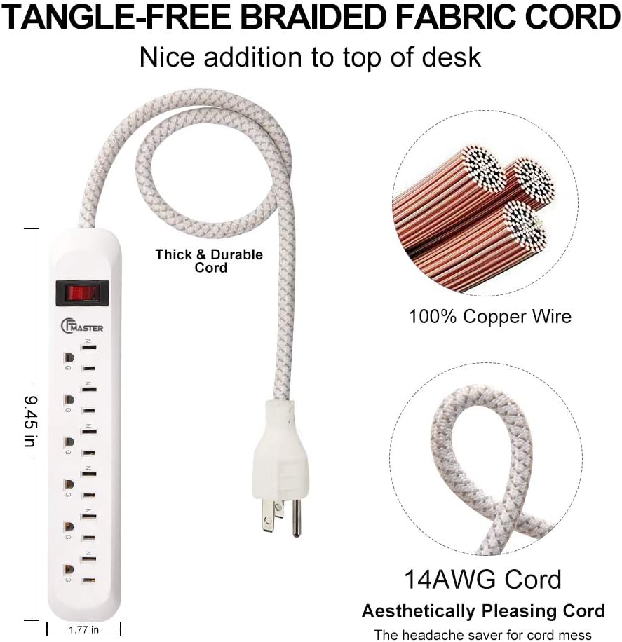 Power Strip Surge Protector CFMASTER 6 Outlets 2ft Long Extension Cord with Braided Fabric, 300 Joules, Wall-Mounted Strip, Overload Protection, for Home, Office (4 Pack)