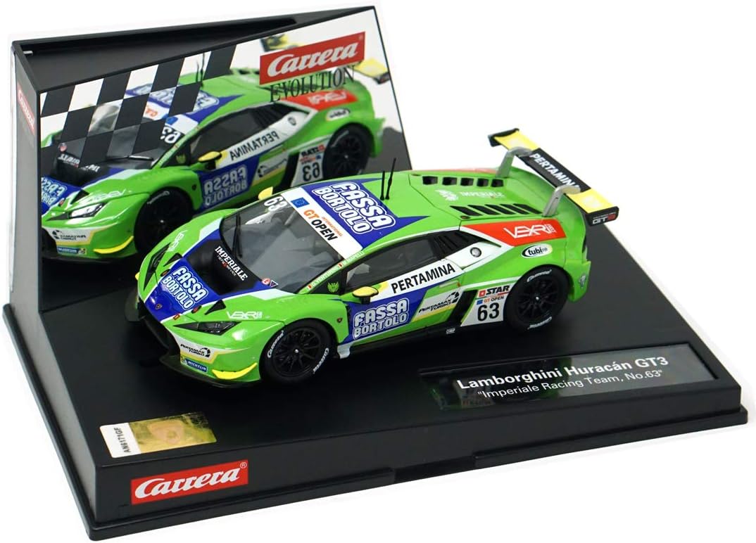 Amazon Com Carrera 275 Lamborghini Huracan Gt3 Imperiale Racing Team No 63 1 32 Scale Analog Evolution Slot Car Racing Vehicle Green Toys Games