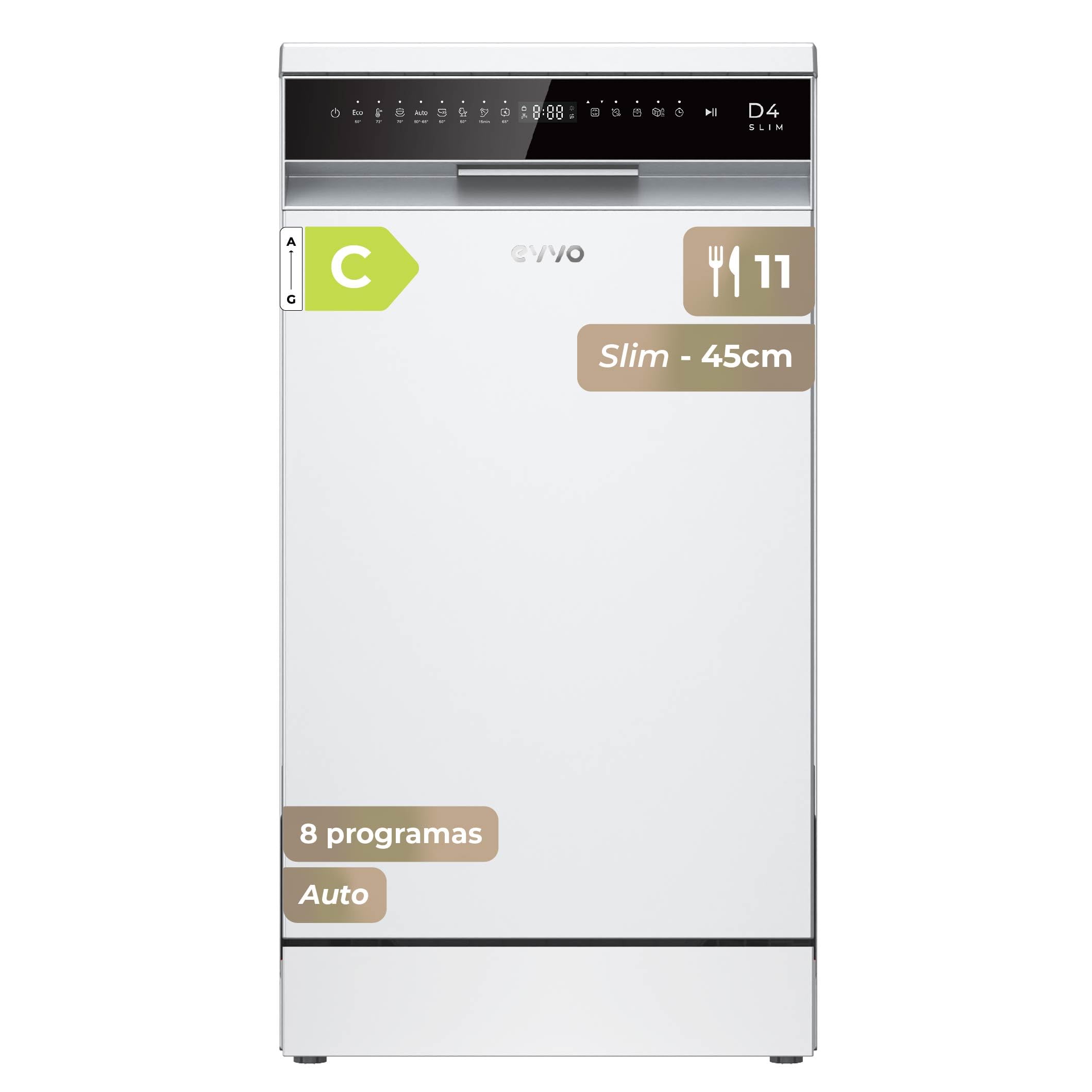 EVVO Lavastoviglie D4 Slim 45 cm, installazione libera, 11 coperti, efficienza classe C, 8 programmi con modalità auto, apertura automatica, funzione igiene e mezzo carico