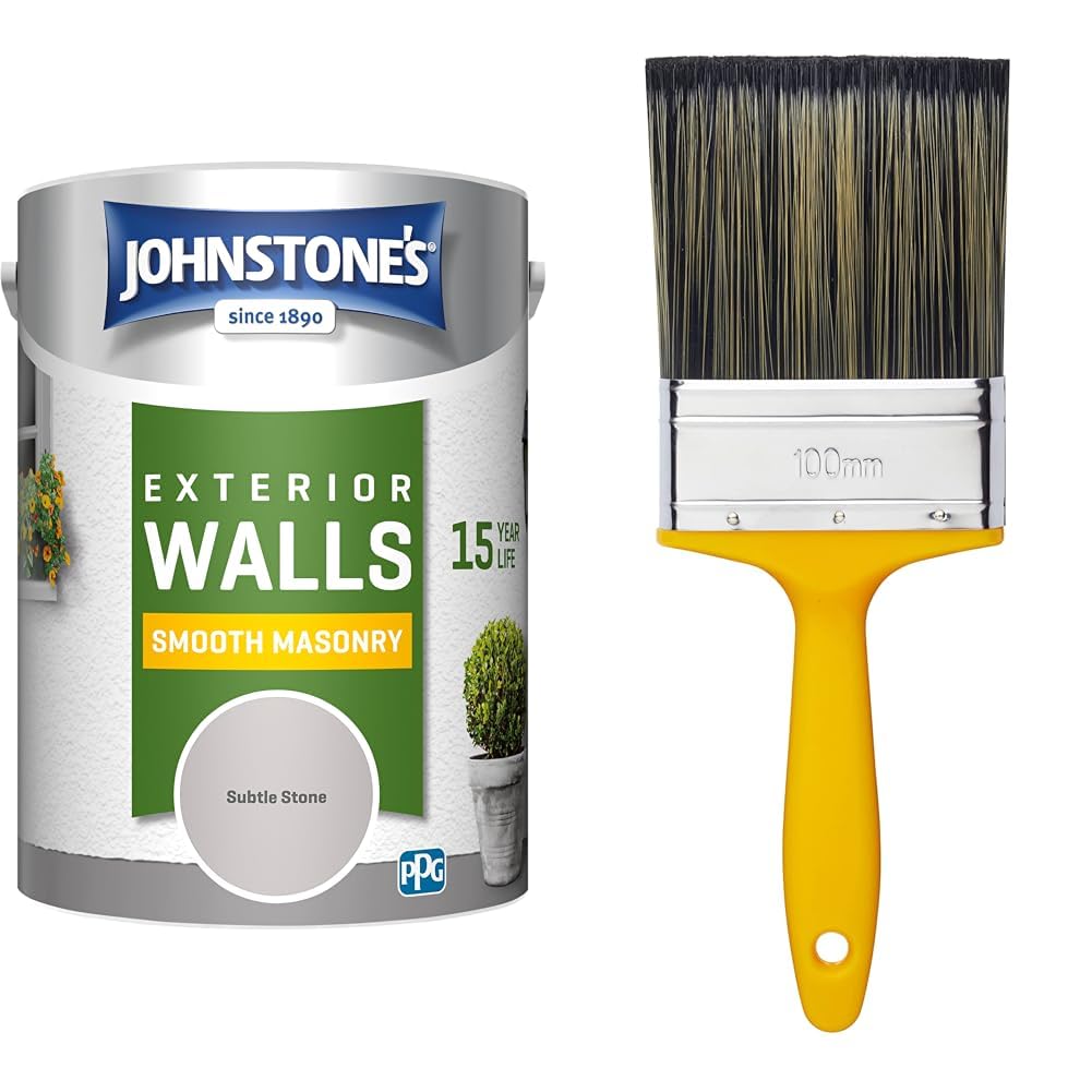 Johnstone'sExterior Smooth Masonry Paint – Subtle Stone – Up to 15 Years Protection & ProDec PR4GY Flat Masonry Paint Brush for Rapid Application of Smooth and Textured Masonry Paints