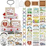 GlikCeil 95 Pcs Interchangeable All Season Tiered Tray Decor Set Farmhouse Holiday Decorations Wooden Frames Ladders with Season Cards Bows for Home Kitchen Valentine Easter Mardi Gras Spring Summer