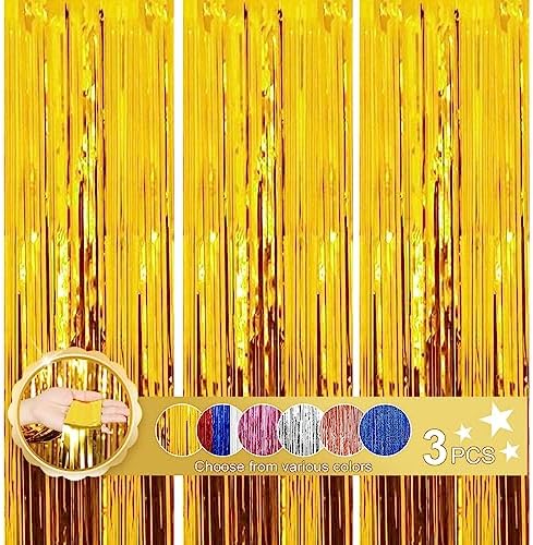 Gold Foil Fringe Tinsel Backdrop Glitter - 3 Pack 3.2ft x 8ft Gold Streamers Party Backdrop for Birthday, Christmas, Bachelorette Party Decorations Tinsel Curtain