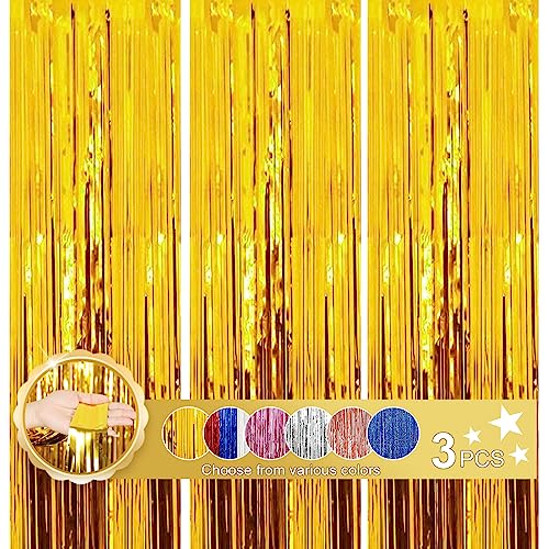 Gold Foil Fringe Tinsel Backdrop Glitter - 3 Pack 3.2Ft X 8Ft Gold Streamers Party Backdrop For Birthday, Christmas, Bachelorette Party Decorations Tinsel Curtain #TOP14