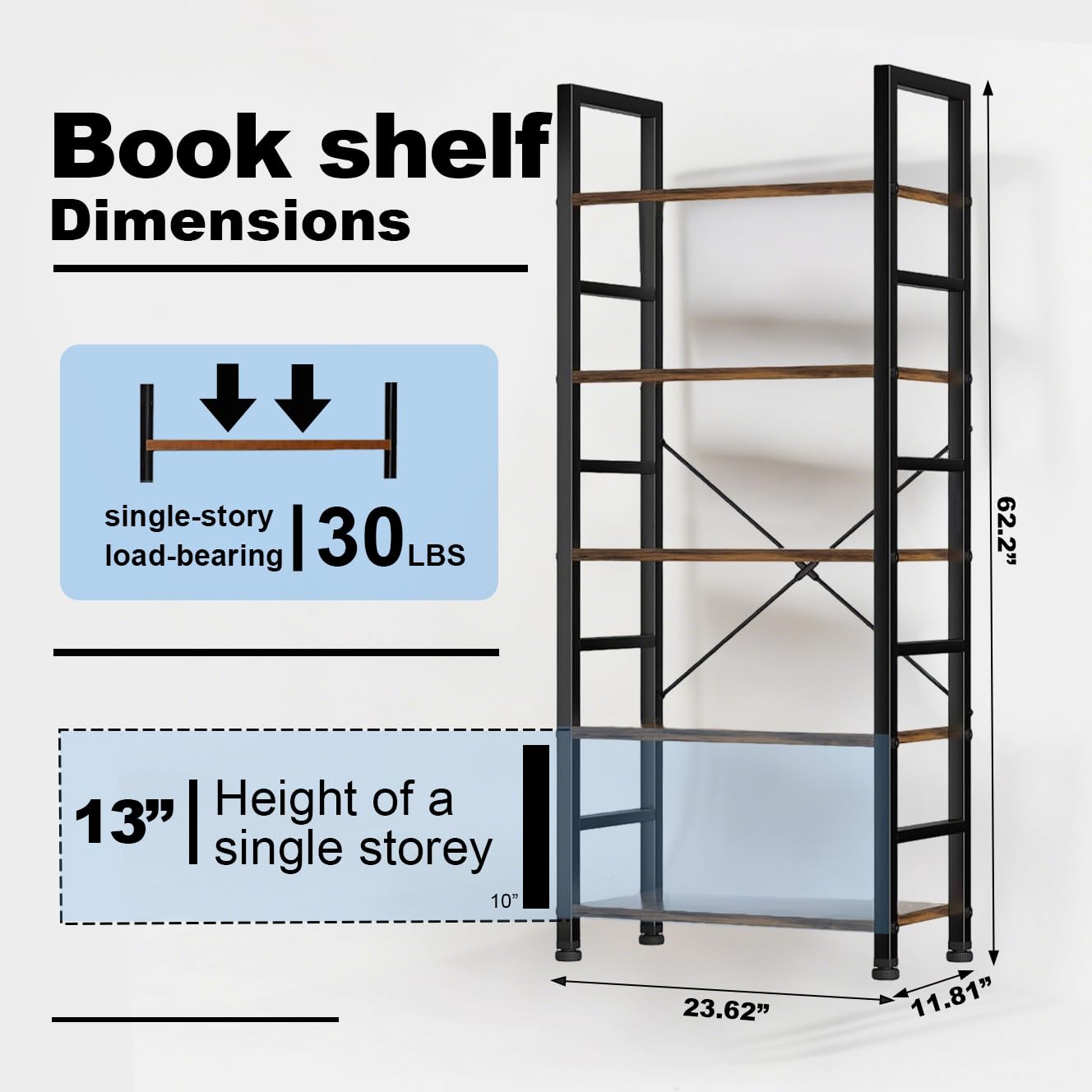 ZEUKMXOO 5 Tier Bookshelf, 62'' Tall Book Shelf, Free Standing Vintage Book Storage Shelves, Wood Bookcase Organizer for Bedroom, Living Room and Home Office, Vintage on Fridge.com