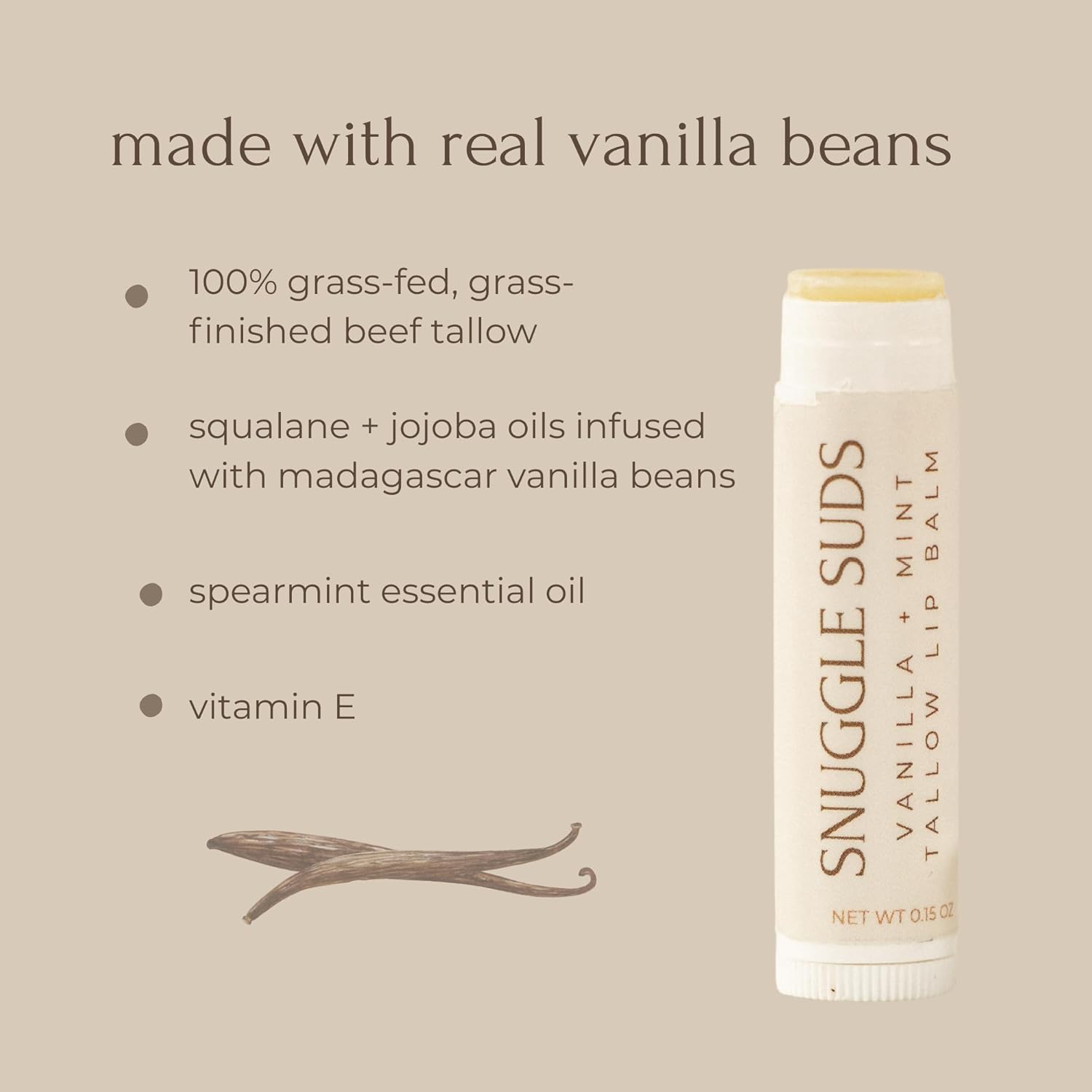 Grass-Fed Beef Tallow Lip Balm 3-Pack (0.15 oz Each) - Jojoba & Squalane Oils, Beeswax, Vitamin E, Madagascar Vanilla Bean Infused - Ultra-Hydrating Lip Moisturizer - Vanilla Mint - Image 3
