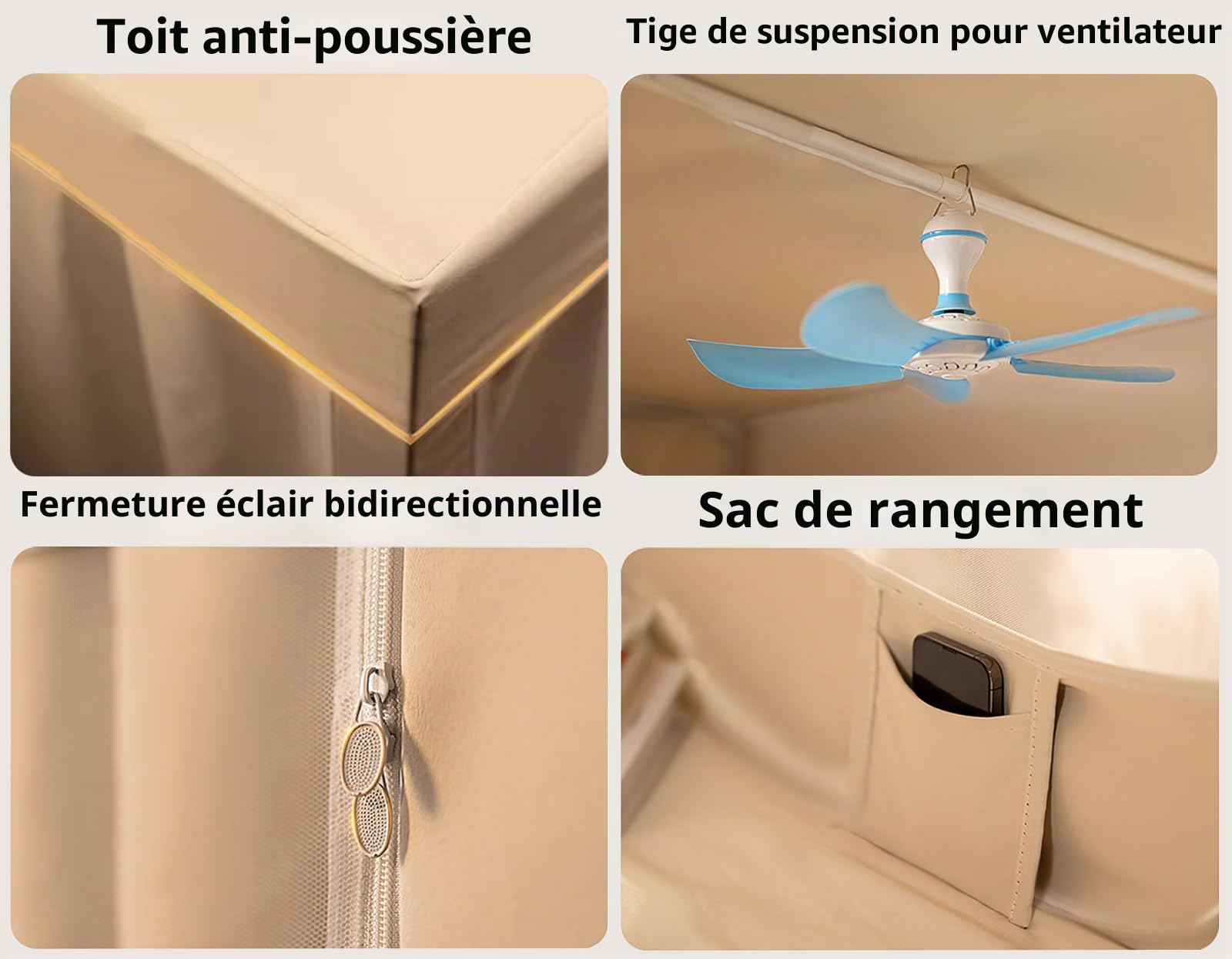 Leodun Tente de lit double – Tente d'intimité pour lit superposé – Tente de rêve portable – Tente de rêve sensorielle intérieure respirante et légère pour enfants et adultes – Beige, 190,5 cm L x 89,9
