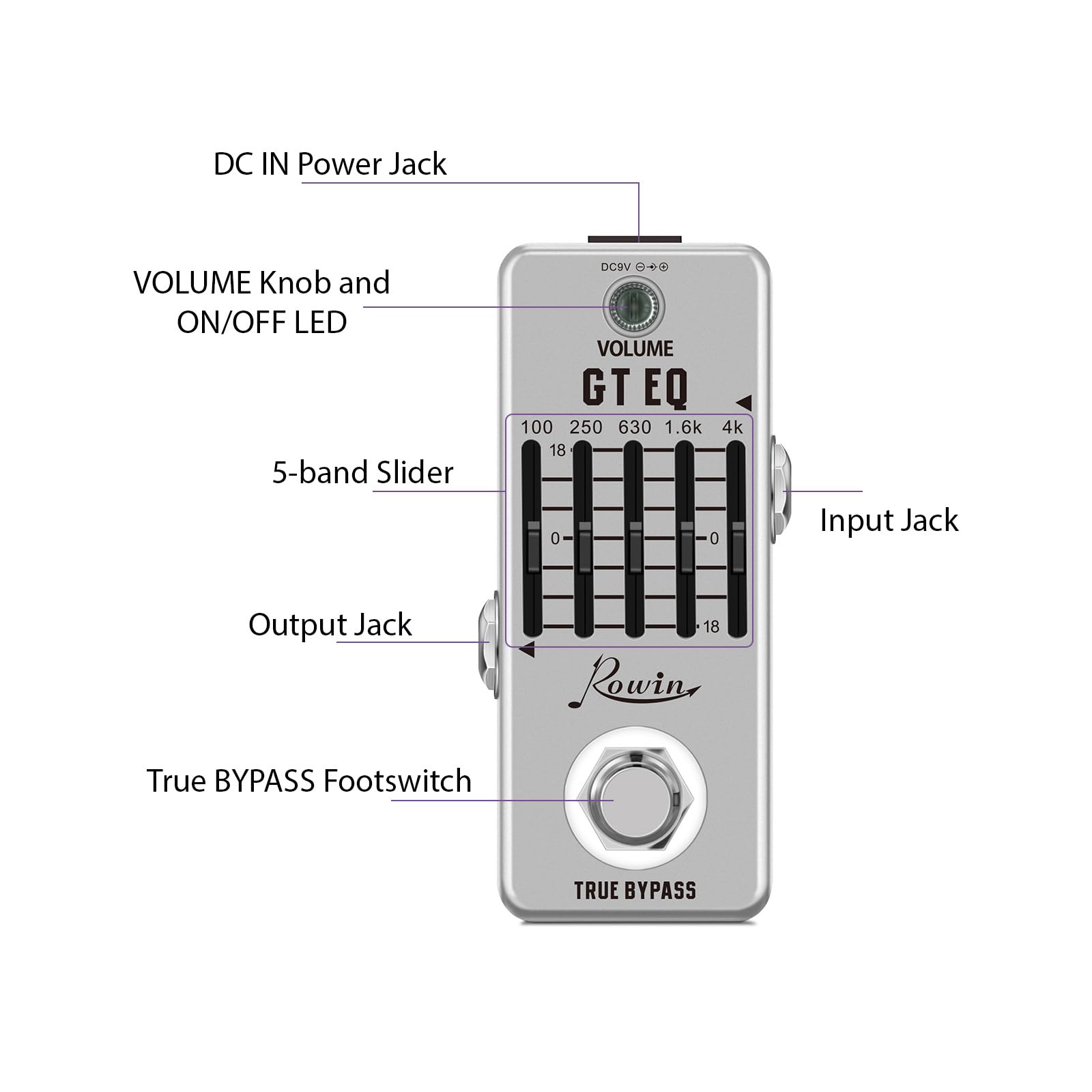Pedal EQ Pedal EQ para guitarra eléctrica Pedal ecualizador Rowin 5 bandas EQ Pedal ecualizador de guitarra eléctrica 100Hz 250Hz 630Hz 1.6kHz 4kHz True Bypass 1/4 pulgadas Mono Metal Shell