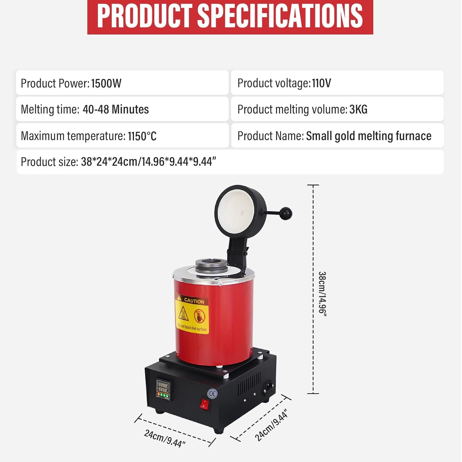 3KG Gold Melting Furnace | 1500W Electric Smelting Furnace Kit | 1150? /2102 ? Auto Digital Metal Melting Furnace | Refining Casting Furnace With Graphite Crucible for Melt Scrap, Silver, Gold, Copper