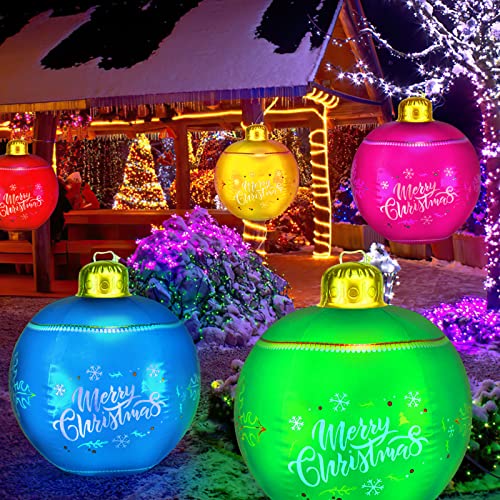 [Upgraded] Hysagtek 24 Inch Light Up Pvc Inflatable Christmas Ball, Giant Inflatable Christmas Ornaments Balls, With Rechargeable Light, Remote, Stake & Pump For Outdoors Yard Pool Decorations #TOP6