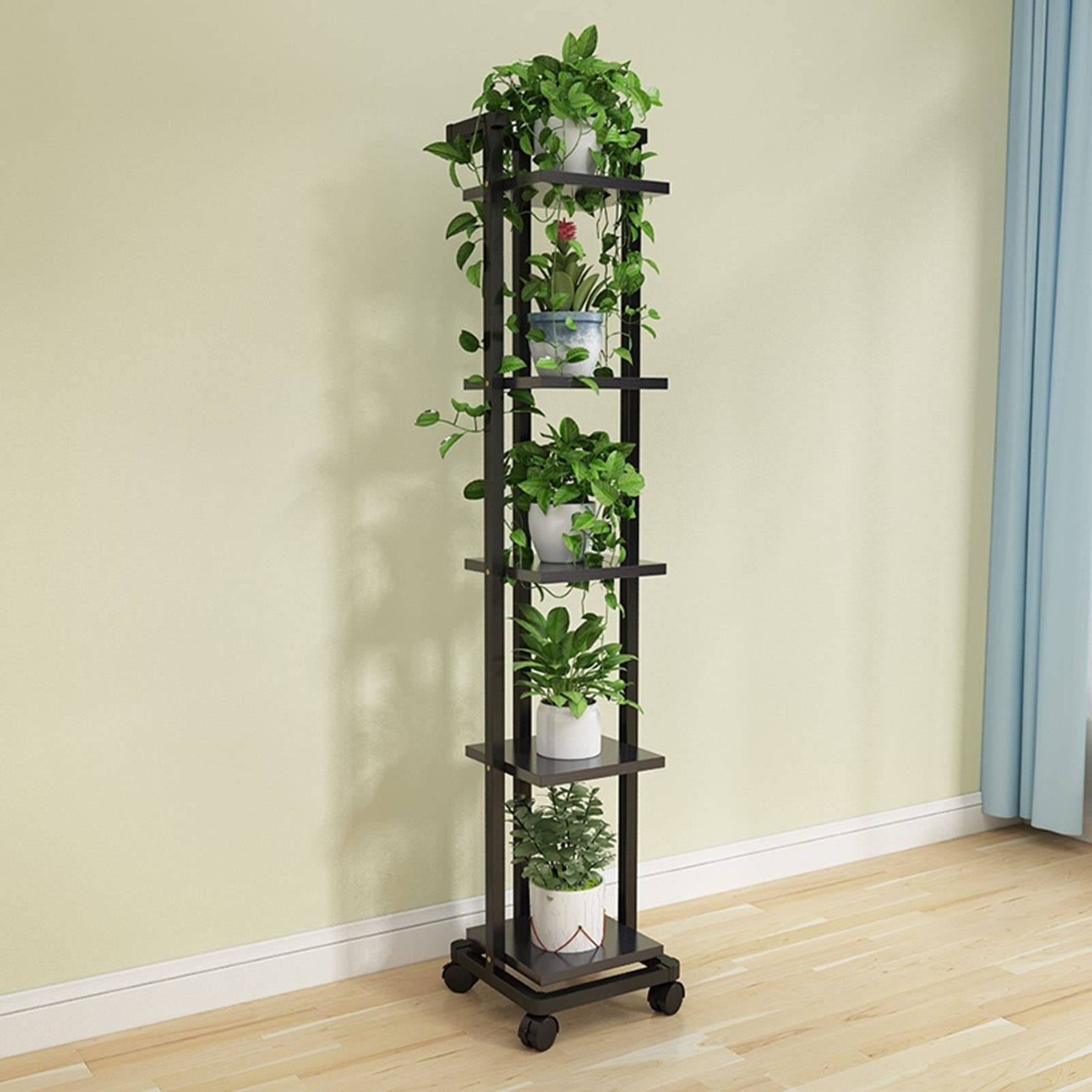 Étagère pour plantes d'intérieur en bois massif : organiseur de pot design à roulettes