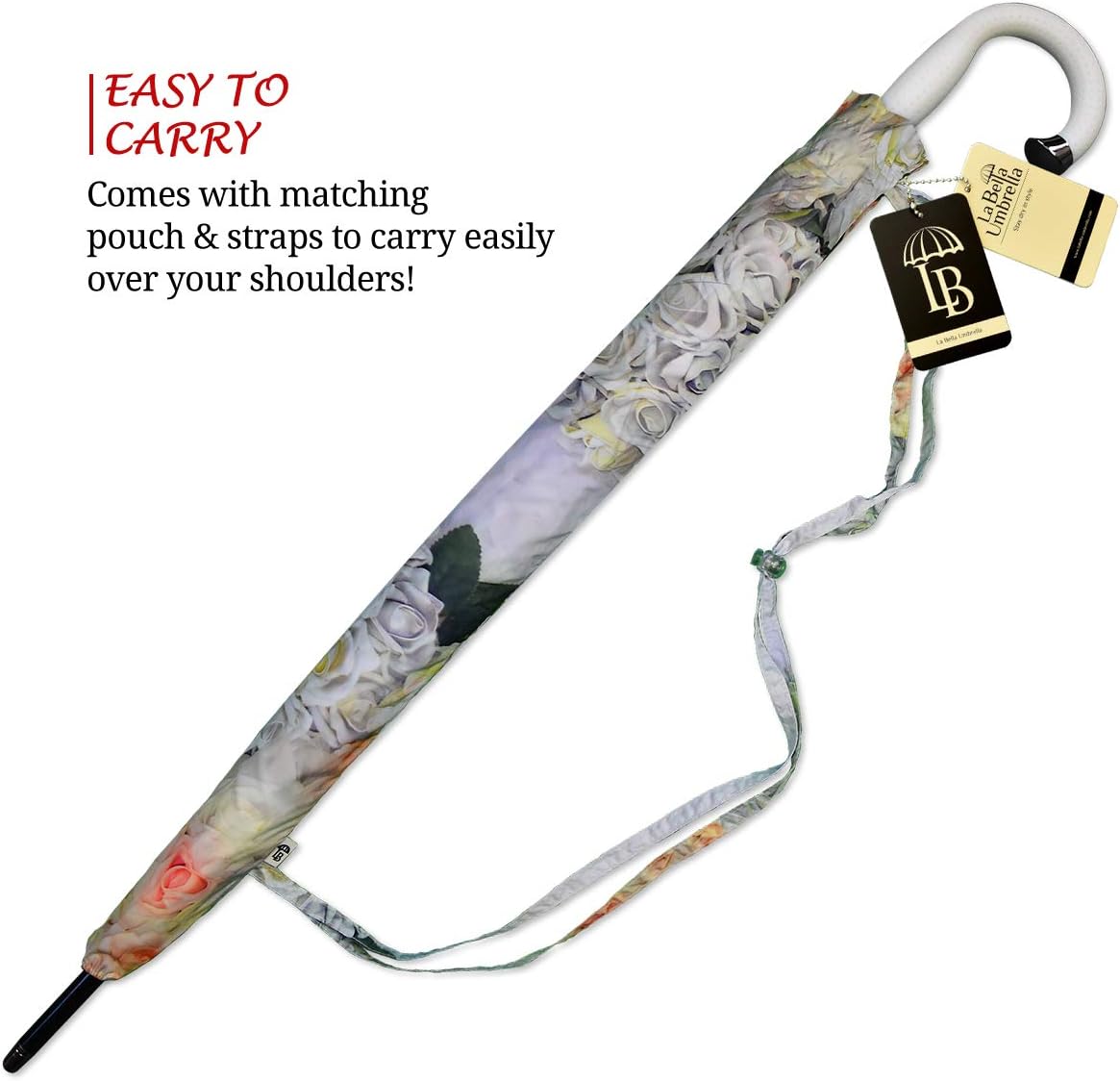 Large Windproof White Roses Floral Umbrella - Stick Fashion Umbrella with J Handle for Rain Sun or Wedding
