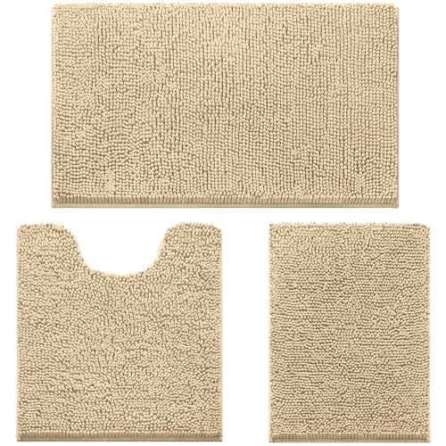 HOMEIDEAS 3 Pieces Bathroom Rugs, Ultra Soft Non Slip Absorbent Chenille Toilet Bath Mat Set (Beige,17