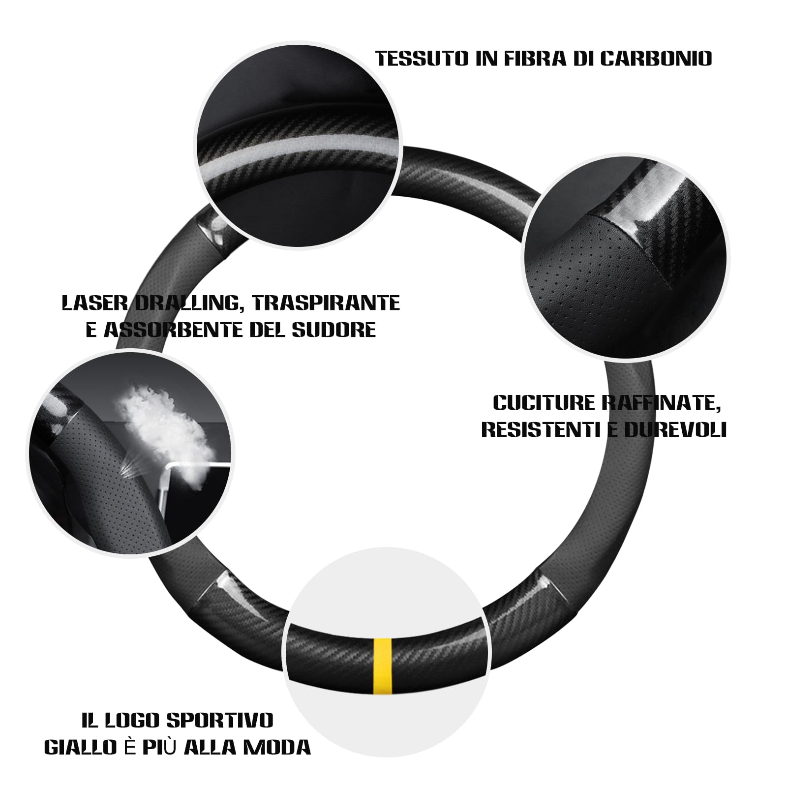 Ergocar Coprivolante per Auto Antiscivolo Sportivo Protezione per Fibra di Carbonio & Pelle PU Universale per Diametro 38 cm (15 ")