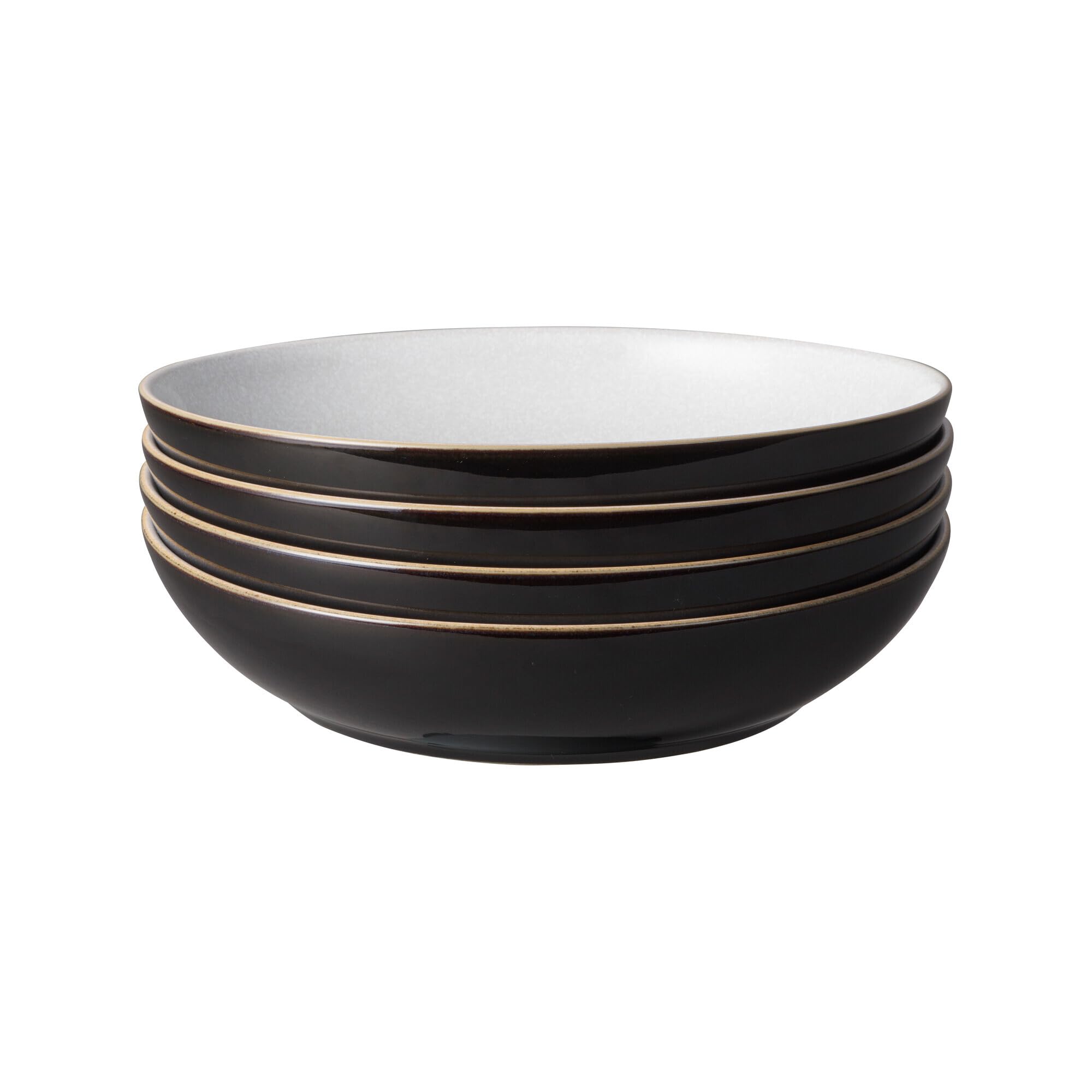 Denby Black - Elements Pasta Bowls Set Of 4 - Dishwasher Microwave Safe Crockery 1050Ml 22Cm - White Ceramic Stoneware Tableware - Chip & Crack Resistant