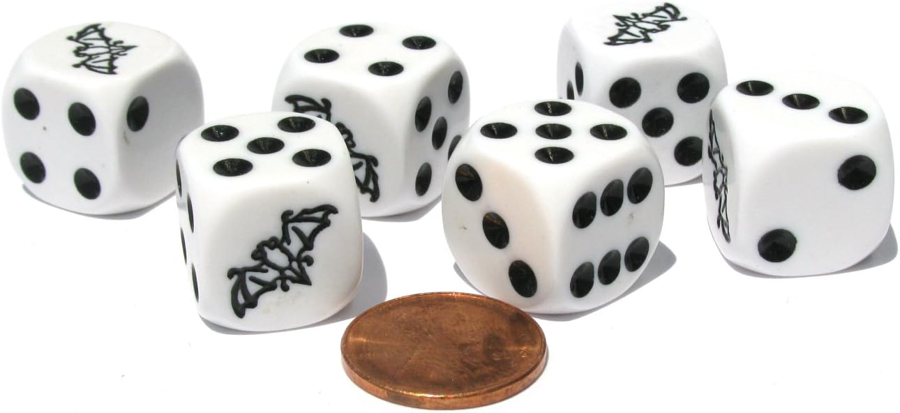 Set of 6 Bat 16mm D6 Round Edge Koplow Animal Dice - White with Black Pips